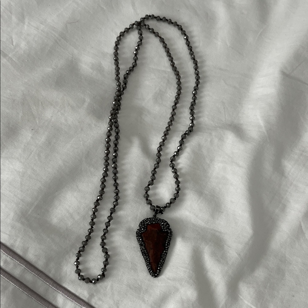 Black Beaded Necklace with Brown Pendant